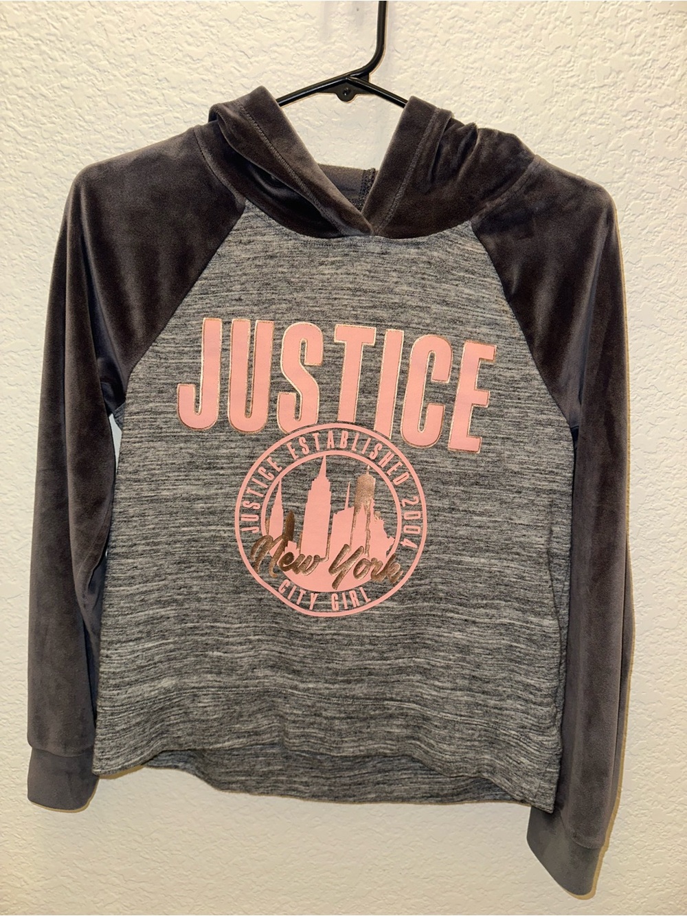 Justice Girls 12 Gray Pink Logo Velvet Sleeve Hoodie